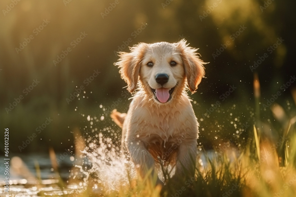 Cute playful puppy of golden retriever jumping on river bank at sunset ...
