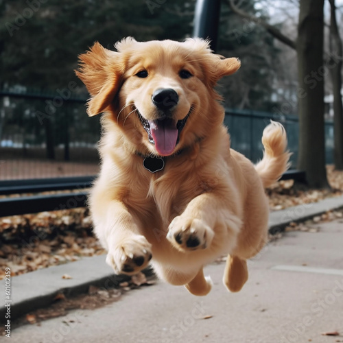 Cute playful jumping golden retriever puppy outdoor portrait. Dog, labrador. Disaster. AI generated, made by AI, artificial intelligence © Khorzhevska