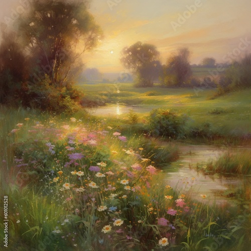 painting of A lush and vibrant meadow painted with flowers during spring. AI-Generated