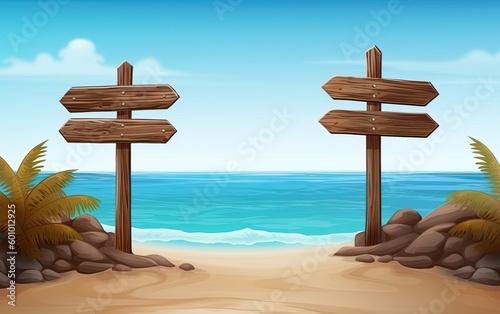 Wooden arrow signs at the tropical beach by the ocean. Generative Ai illustration