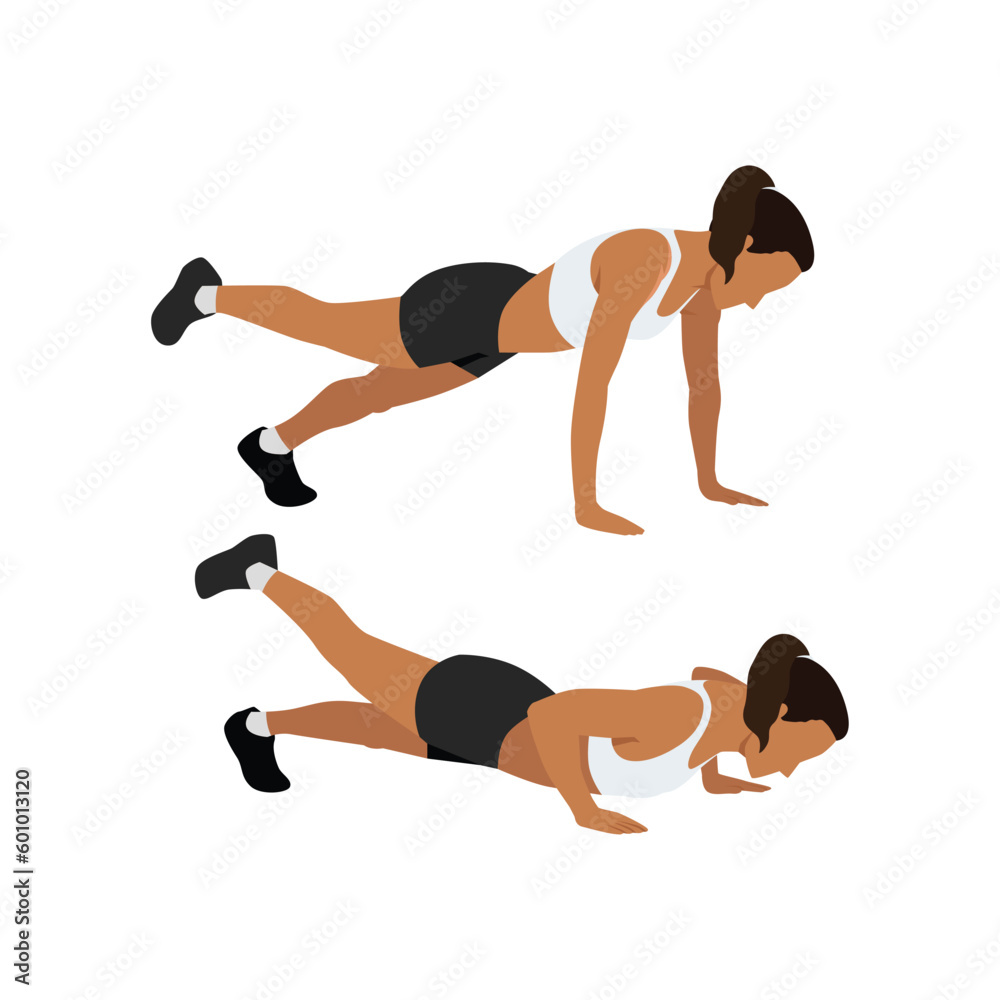 Woman doing raised one legged or leg push up exercise. Flat vector illustration isolated on white background Woman doing raised one legged or leg push up exercise. Flat vector illustration isolated on white background