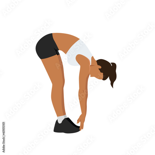 Woman doing Ragdoll. Forward bend. Fold stretch exercise. Flat vector illustration isolated on white background