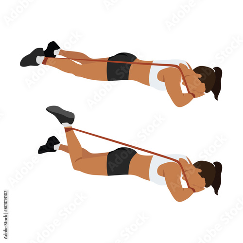 Woman doing prone or lying resistance band knee bends exercise. Flat vector illustration isolated on white background