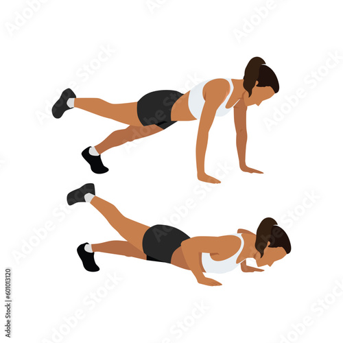 Woman doing raised one legged or leg push up exercise. Flat vector illustration isolated on white background