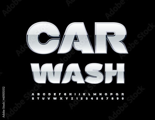 Vector bright Poster Car Wash. White and Silver 3D Font. Trendy Creative Alphabet Letters and Numbers set