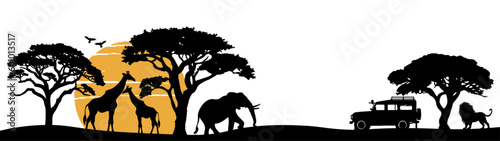 Africa Safari Savanna landscape background banner panorama for logo - Black silhouette of wild animals, trees, vehicle and sun, isolated on white background (Generative Ai)