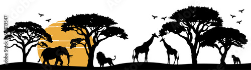 Africa Safari Savanna landscape background banner panorama for logo - Black silhouette of wild animals, trees and sun, isolated on white background (Generative AI)