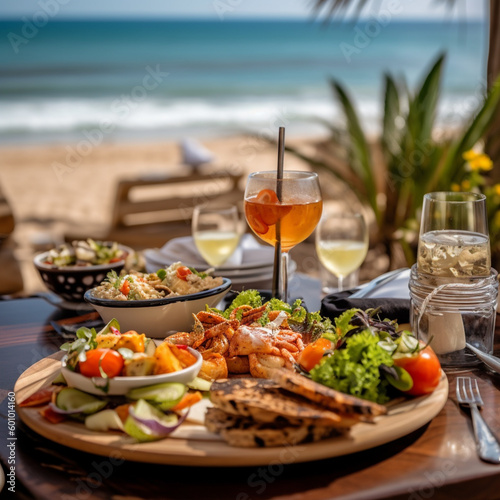 Fototapeta food photography on the beach - seaside cafe - shrimp - beachside view - beach cafe - beach shack - restaurant - serene - food photography - seafood photography - wine and food - delicious food