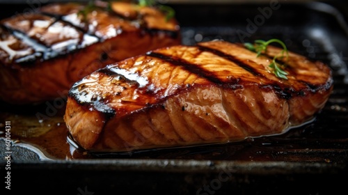 Different preparations of grilled salmon pieces
