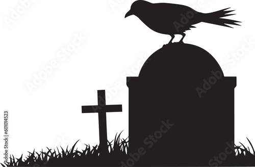 Old stone tombstone with a murmuration with a Christian cross and a raven, sketch of a grave or cemetery, vector illustration, SVG