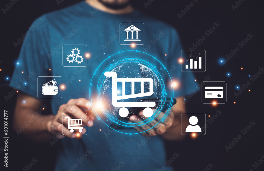Fototapeta premium Shopping online on eCommerce shop website and using digital banking payment