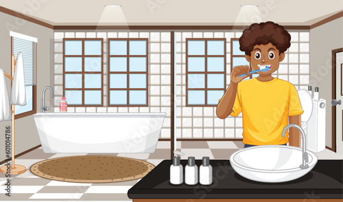 A male teen brushing teeth