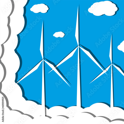 Wind Generator against Blue Sky in Cut Out paper style. Greeting card with Silhouette of Wind Turbine and white clouds. Vector illustration. Windmill.