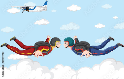 Man skydiving freefall on sky background
