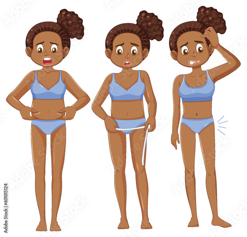Set of female teen worry about body weight