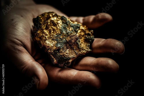 Gold ore in hand on black background, macro, closeup, Generative AI