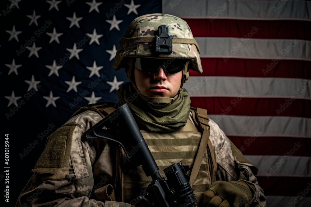 Fototapeta premium Veterans Day, Honoring all who served. Soldier in front of American Flag. Soldier with automatic rifle. Generative AI