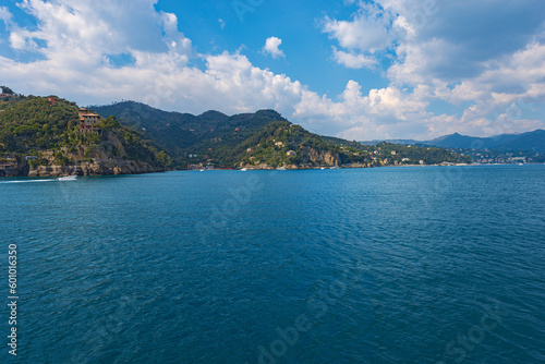 Coast of the famous village of Portofino, with the bay of Paraggi and Santa Margherita Ligure town.Luxury tourist resorts in Genoa Province, Liguria, Italy, Europe. © Alberto Masnovo