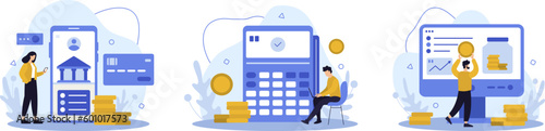 Set of online banking financial services, clients doing payments