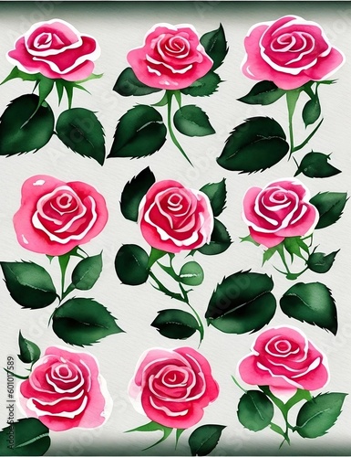 An illustration clip art of a watercolor rose with assorted designs