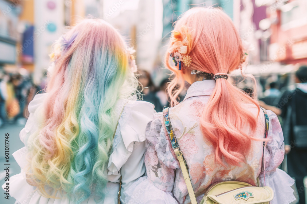 Back view of young woman in Japanese Harajuku street fashion style with pastel colored hair and cute clothes. 