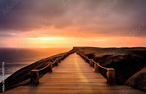 wooden path in the coast at beautiful sunset. generative ai