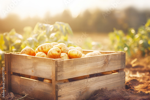 Natural young potato in wooden box on poteto field on blurred village area landscape in golden hour. Harvest, new crop and local farm vegetables concept. Selective focus. Generation ai photo