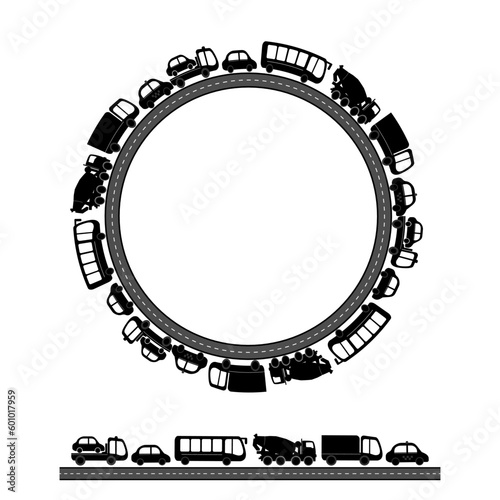 Vector round black frame with road and cars