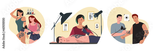Tattoo parlor concept. Tattoo artist making tattoo on back, hand and leg