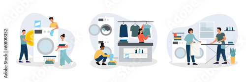 Public laundry and dry cleaning concept. Young people washing clothes in washing machine