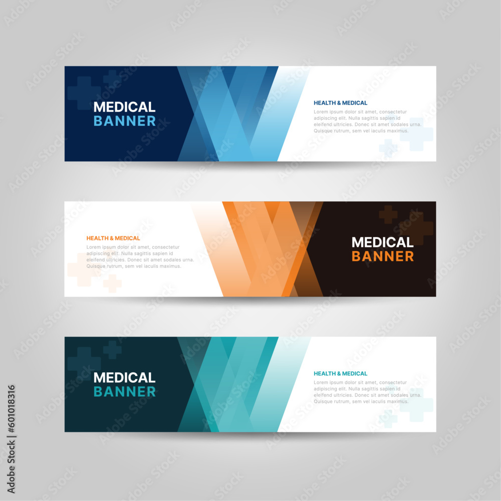 Fototapeta premium Vector Abstract Banner Design Web Template for medical and health care business. Set of business cards. 