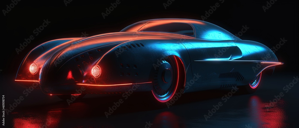 futuristic retro sport car driving speedily with light reflections in the dark