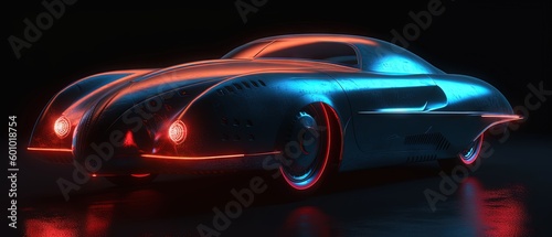 futuristic retro sport car driving speedily with light reflections in the dark