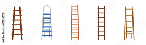 Wooden and Metal Step Ladder for Domestic and Construction Need Vector Set