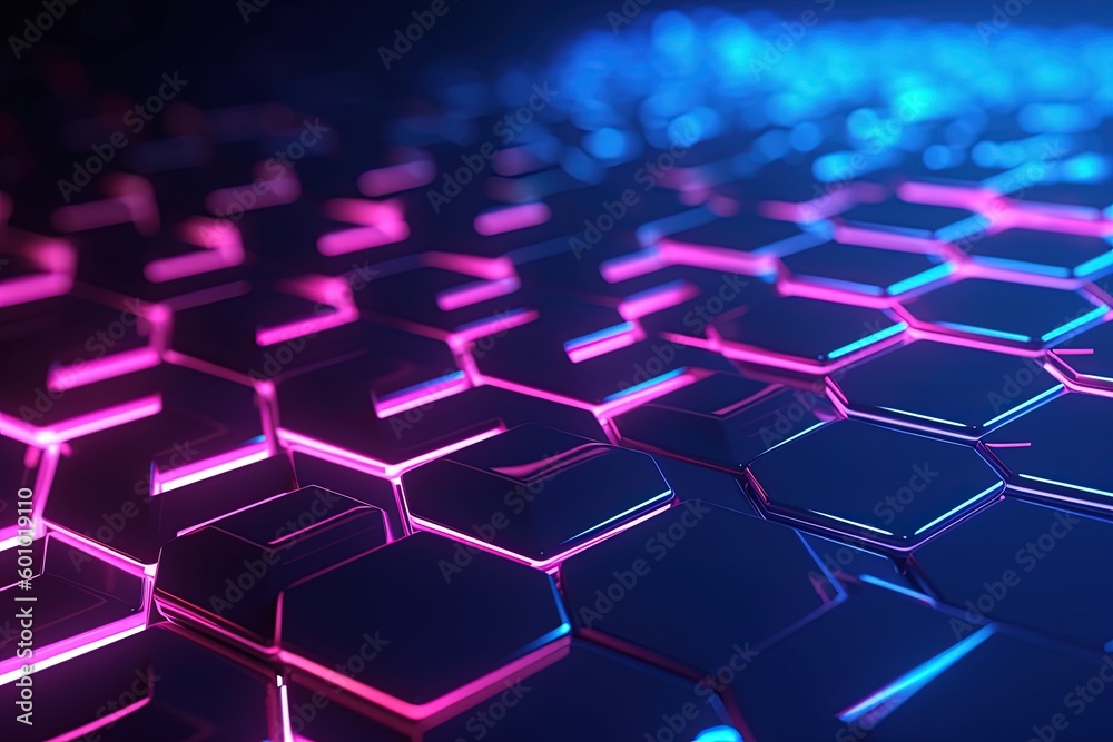 abstract futuristic background with pink blue glowing neon moving high speed wave lines honeycomb and bokeh lights. Data transfer concept Fantastic wallpaper, Ai Generative - obrazy, fototapety, plakaty 
