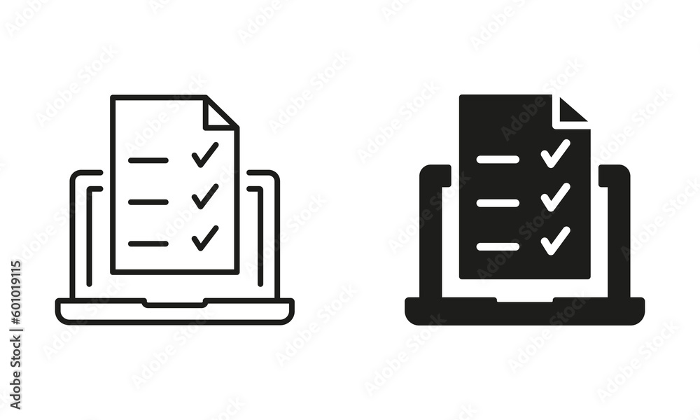 Laptop with Online Form Survey Silhouette and Line Icon Set. Online Exam, Taking Tests, Questionnaires, Checklist on Device Screen. Online Education and Elearning Signs. Isolated Vector Illustration Laptop with Online Form Survey Silhouette and Line Icon Set. Online Exam, Taking Tests, Questionnaires, Checklist on Device Screen. Online Education and Elearning Signs. Isolated Vector Illustration