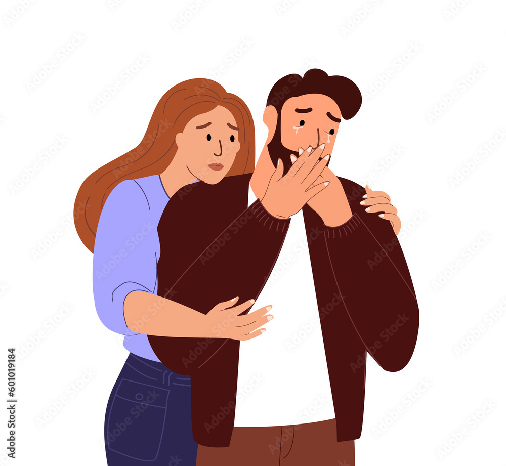 Weak suffering emotional man hiding his tears and grief.Woman hug,supporting and comforting her crying man,stress,despair.Worried nervous afraid suffering man.Flat vector illustration,white background Weak suffering emotional man hiding his tears and grief.Woman hug,supporting and comforting her crying man,stress,despair.Worried nervous afraid suffering man.Flat vector illustration,white background