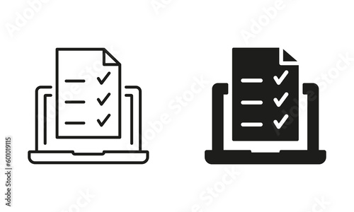 Laptop with Online Form Survey Silhouette and Line Icon Set. Online Exam, Taking Tests, Questionnaires, Checklist on Device Screen. Online Education and Elearning Signs. Isolated Vector Illustration