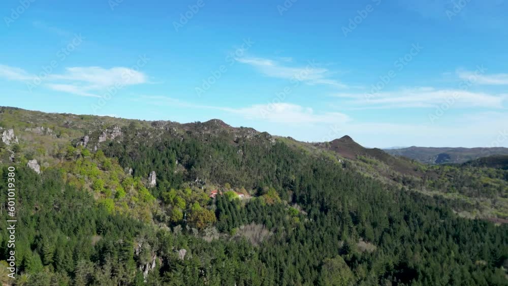 San Pedros De Rocas Monastery through a Spanish Forest Aerial View San Pedros De Rocas Monastery through a Spanish Forest Aerial View