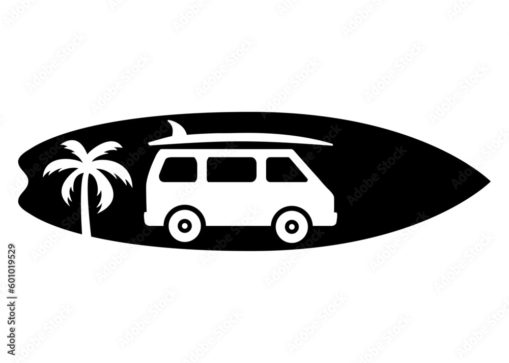 Silueta de tabla de surf con furgoneta de playa con tabla de surf en la parte superior y la palma en espacio negativo