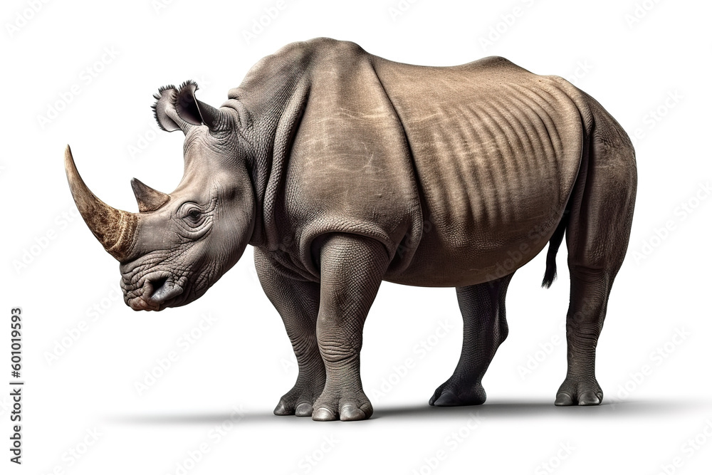 Rhinoceros isolated on white background. Photorealistic generative art. Rhinoceros isolated on white background. Photorealistic generative art.
