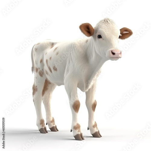 Cute tiny cow isolated on white background. Photorealistic generative art.
