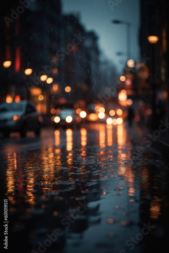Wet asphalt road and defocused urban landscape in the night. Abstract urban background, low angle view. Generative art