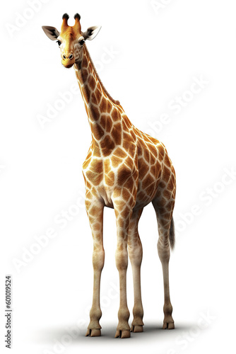Giraffe, stunning realistic portrait isolated on white background. Photorealistic generative art.