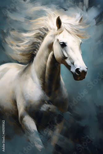Stunning fine art. Gorgeous white horse with flowing mane. Generated by Ai  is not based on any original image  character or person
