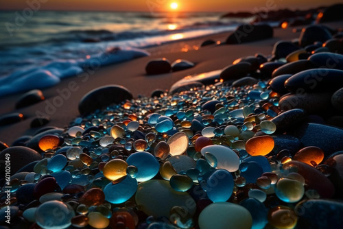 Glass pebble beach sunset. Generative AI 
