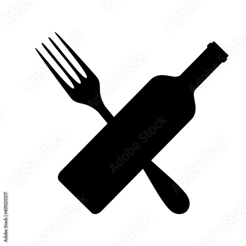 Logo restaurante. Icono aislado con silueta de botella de vino y tenedor cruzados