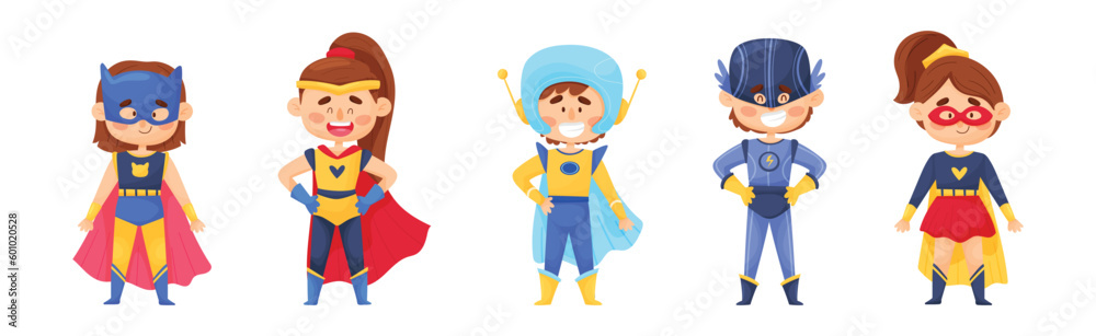 Smiling Boy and Girl Character in Superhero Costume and Cloak Standing Ready to Save the World Vector Illustration Set