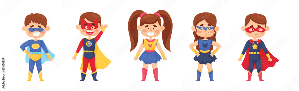 Smiling Boy and Girl Character in Superhero Costume and Cloak Standing Ready to Save the World Vector Illustration Set - obrazy, fototapety, plakaty 