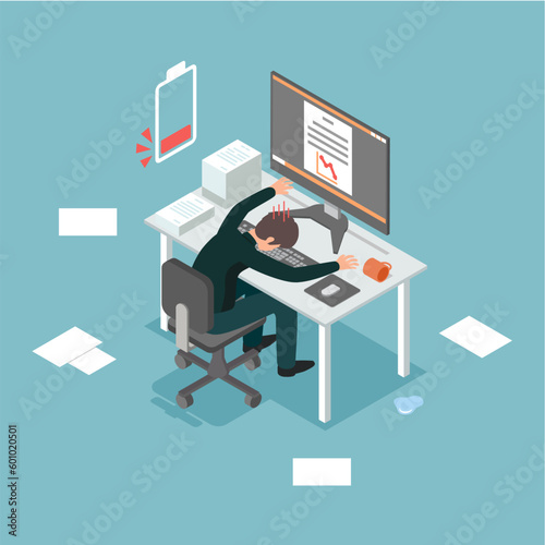 Businessman burnout concept. Energy-draining people with overwork overload. Exhausted from working a long time. Vector illustration isometric cartoon flat design.